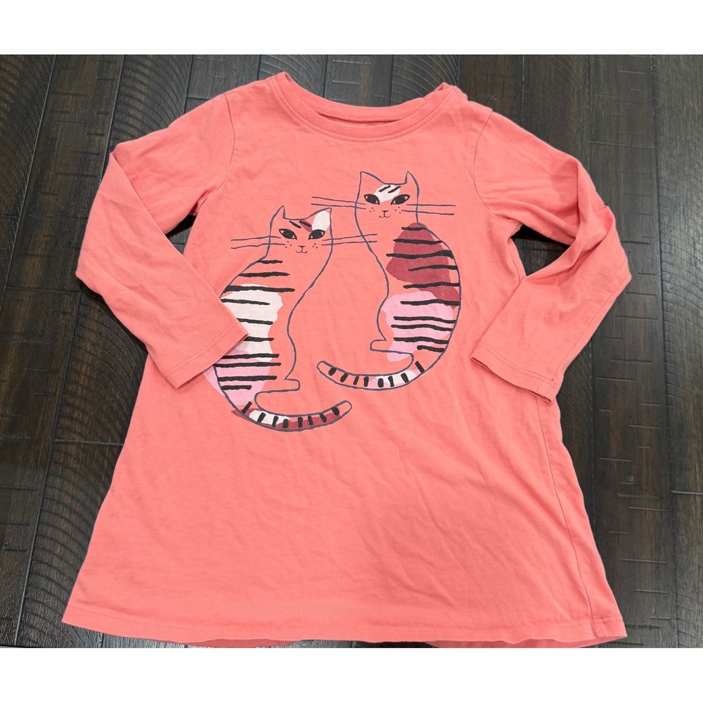 Tea Collection Girls Coral Pink Cat Graphic Long Sleeve Cotton Dress Size 3